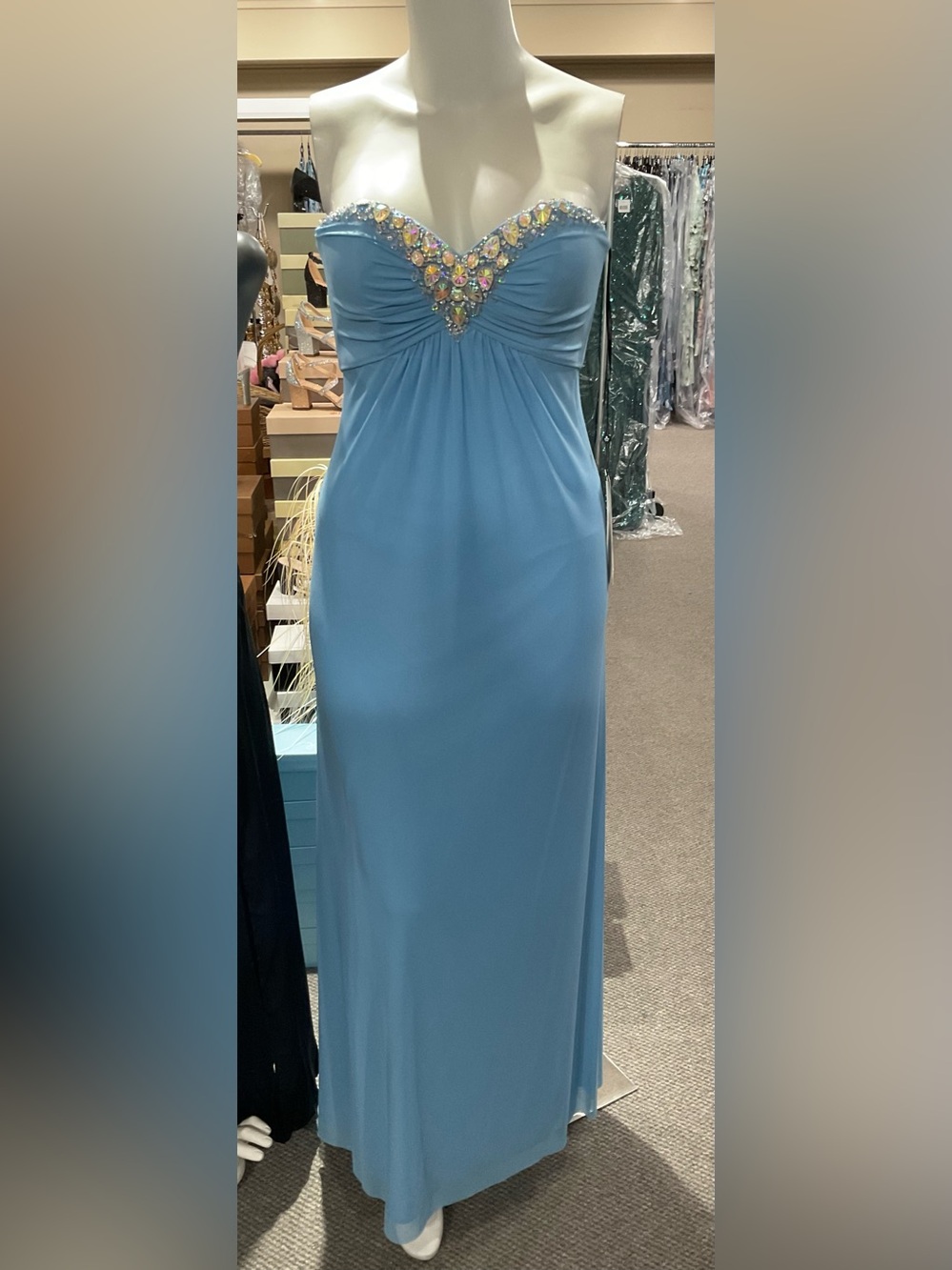 Size 6 Alyce Paris Strapless Light Blue Gown with Jeweled Sweetheart Neckline